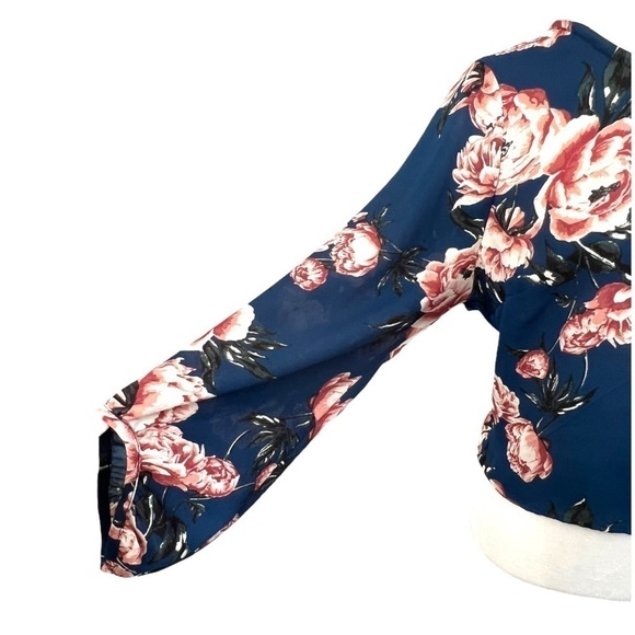 Charlotte Russe Floral Blue Sheer Long Sleeve Tie Back Top - Size Large - Picture 5 of 11